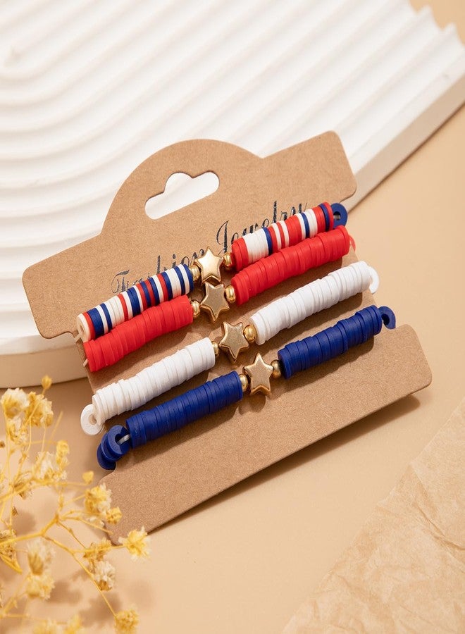 SCRDPRAD 4Pcs 4th of July Bracelets for Women Independence Day USA American Flag Star Red White Blue Patriotic Bracelets Polymer Clay Stretch Heishi Surfer Bracelets Holiday Jewelry-B - Image 2